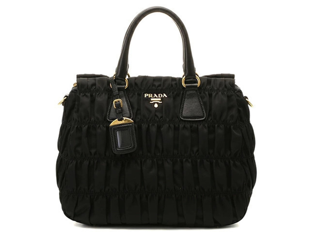 Prada black Prada Tessuto Gaufre Satchel pleated gathered rolled leather